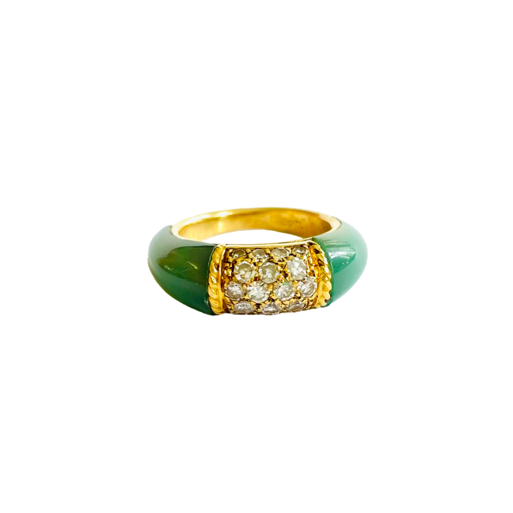 Van Cleef & Arpels 1970s 18KT Yellow Gold Chrysoprase & Diamond Ring front view