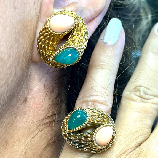 Boucheron Paris 1960s 18KT Yellow Gold Coral & Chrysoprase Earrings worn on ear