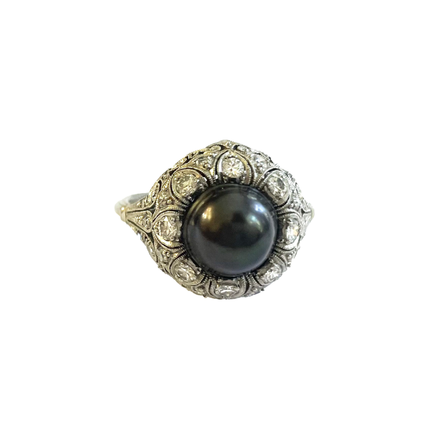 Edwardian Platinum Natural Dark Gray Pearl & Diamond Ring front