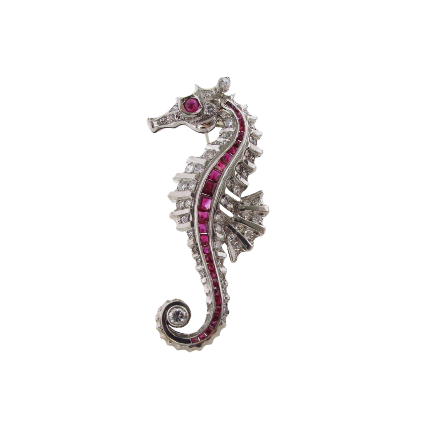 Fontana 1930s Rhodium Plated Ruby & Diamond Seahorse Brooch front