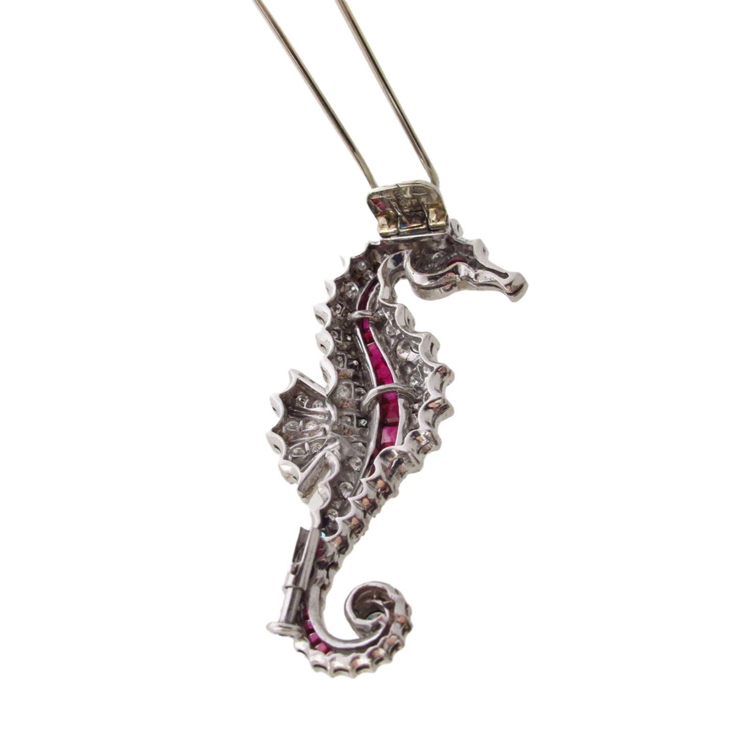 Fontana 1930s Rhodium Plated Ruby & Diamond Seahorse Brooch back