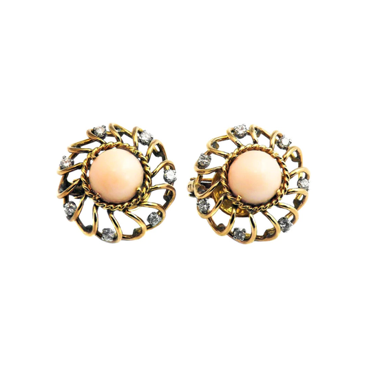 Retro 18KT Yellow Gold Coral & Diamond Earrings front