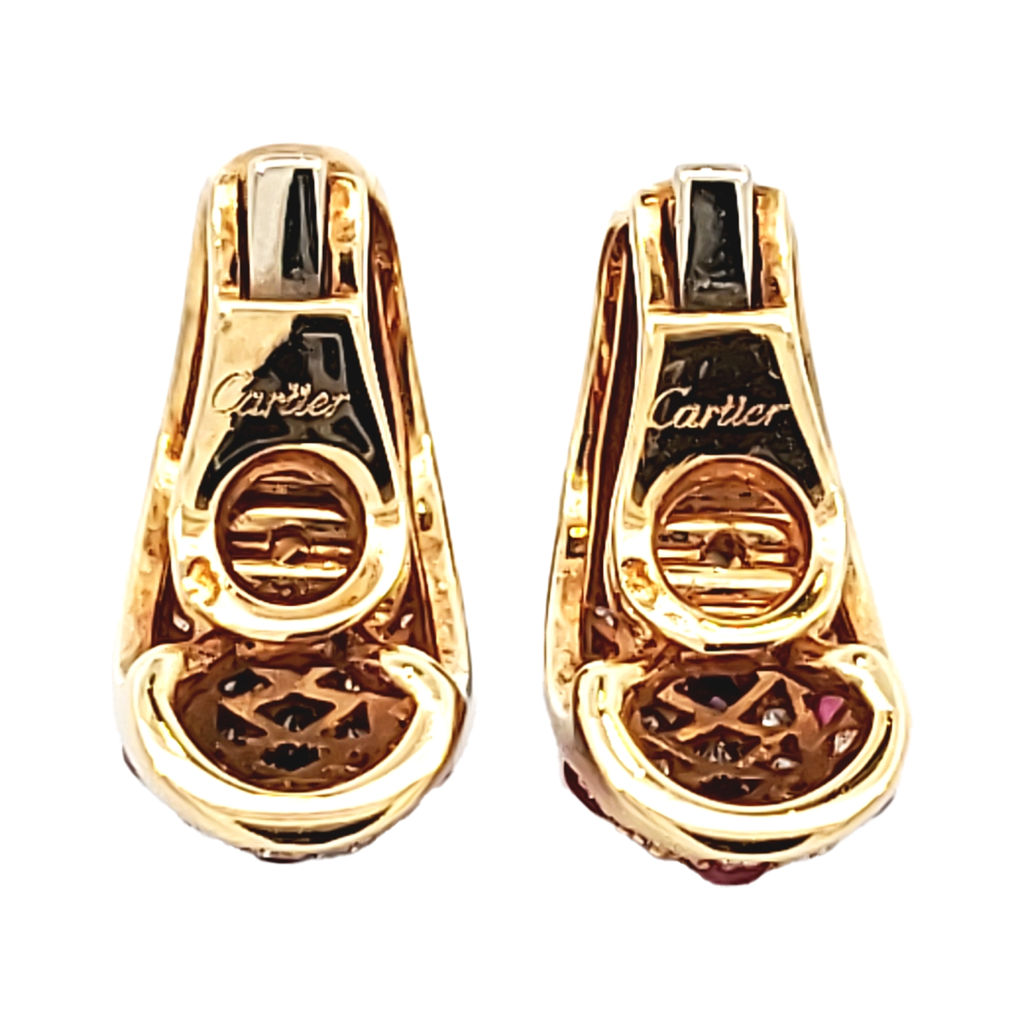 Cartier 1980s 18KT Yellow Gold Ruby & Diamond Earrings back