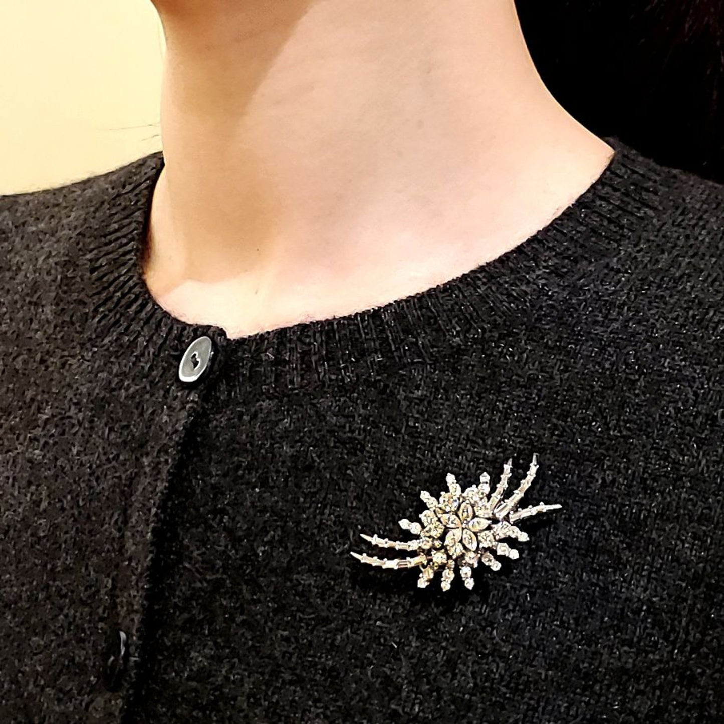 1970s 14KT White Gold Diamond Brooch worn on blouse