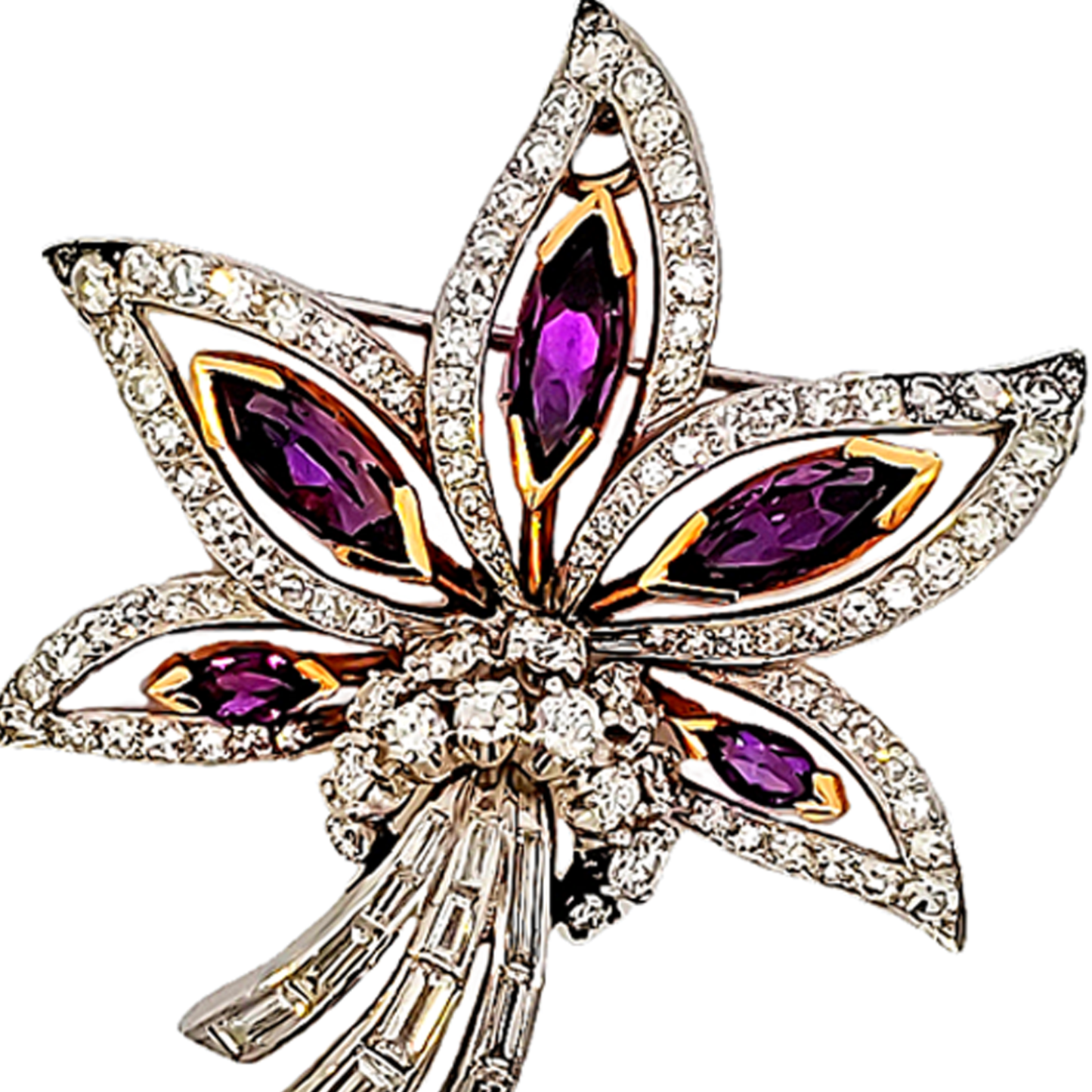 1930s Platinum & 18KT Yellow Gold Amethyst & Diamond Flower Brooch close-up front