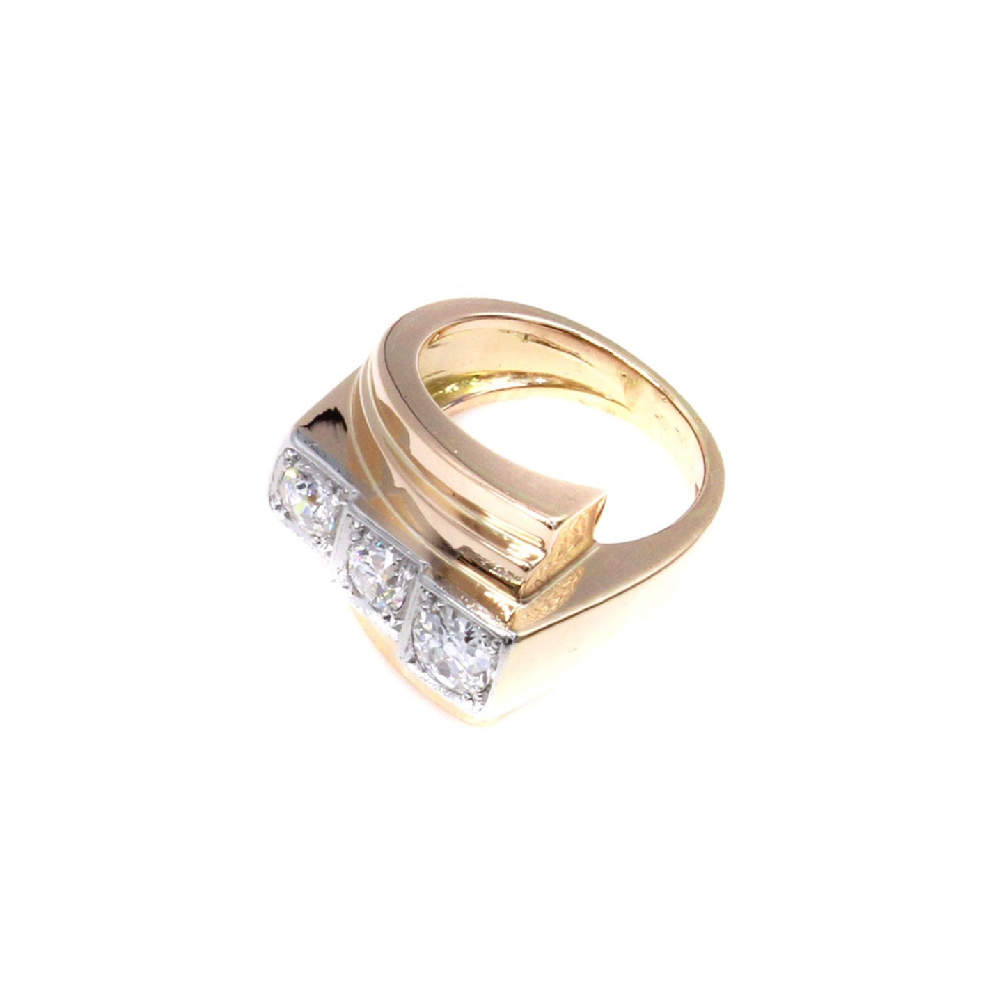 French Retro Platinum & 18KT Rose Gold Diamond Ring top