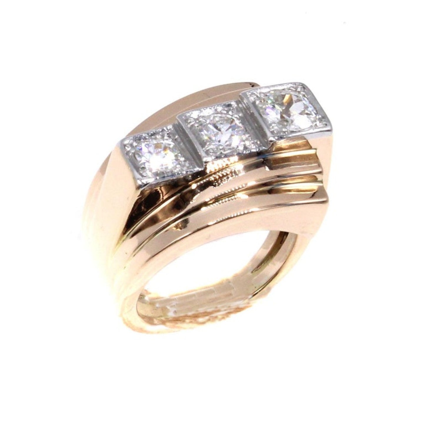 French Retro Platinum & 18KT Rose Gold Diamond Ring top