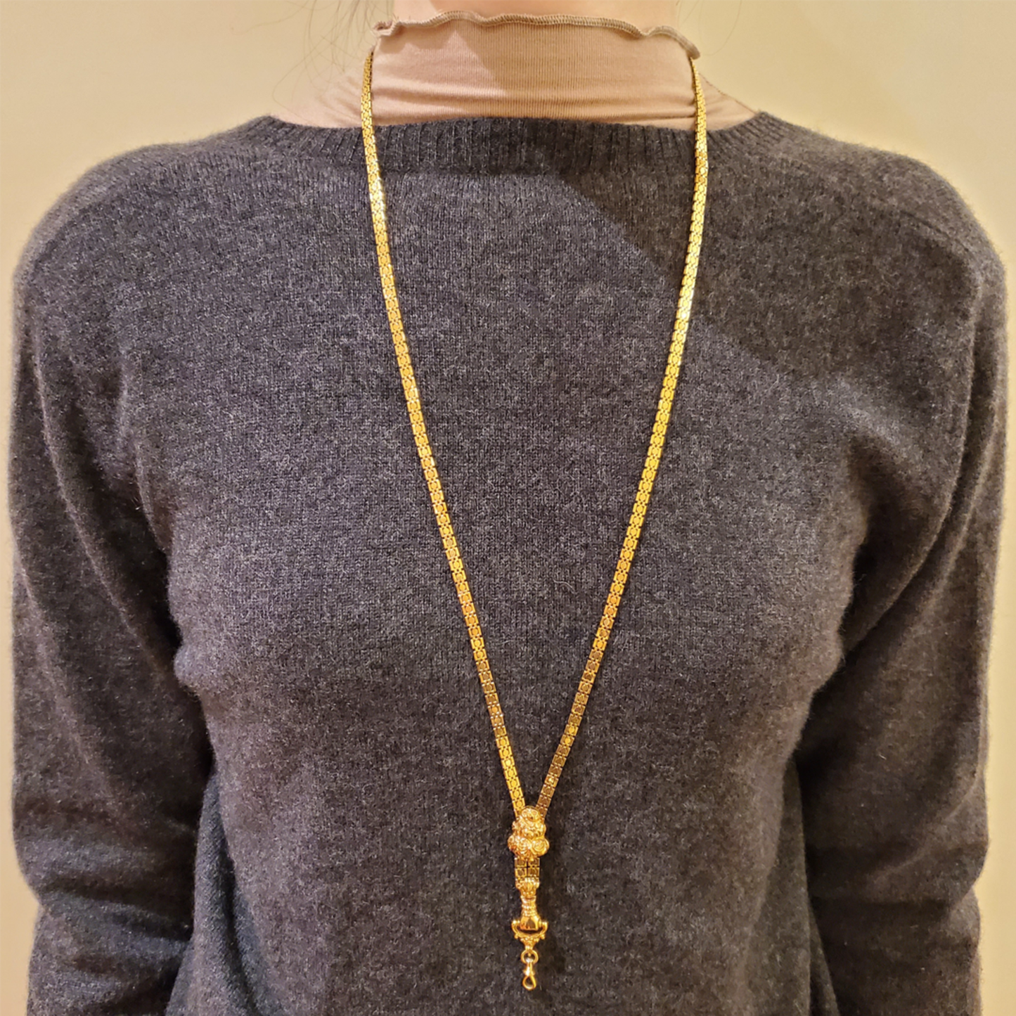 French Antique 18KT Yellow Gold Sautoir Necklace worn on neck