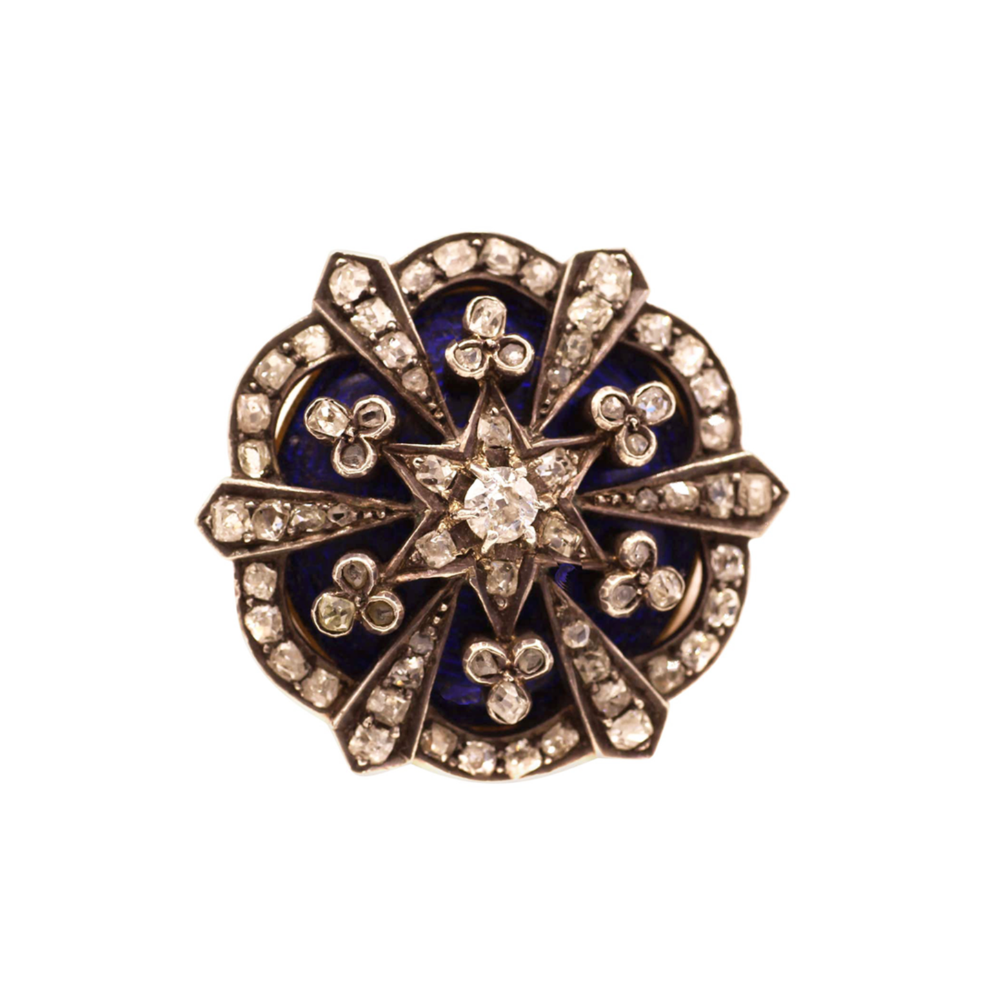 Victorian Silver & 15KT Yellow Gold Diamond & Enamel Brooch front