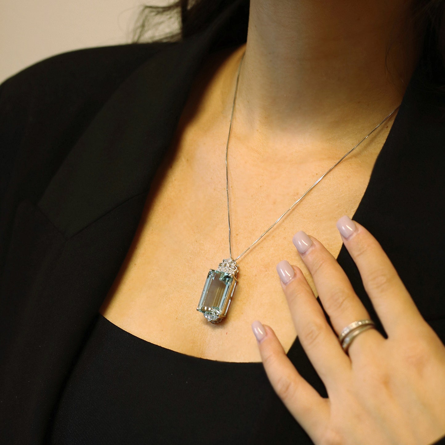 Post-1980s Platinum Diamond & Aquamarine Necklace on neck