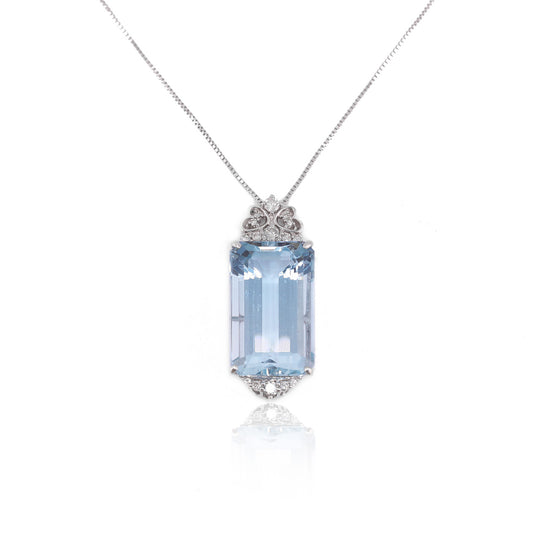 Post-1980s Platinum Diamond & Aquamarine Necklace front