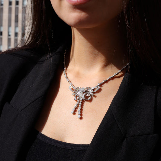 1950s Platinum Diamond Necklace worn on neck