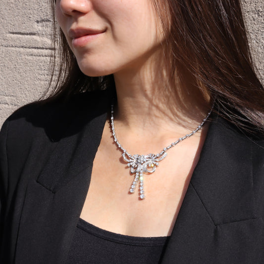 1950s Platinum Diamond Necklace worn on neck