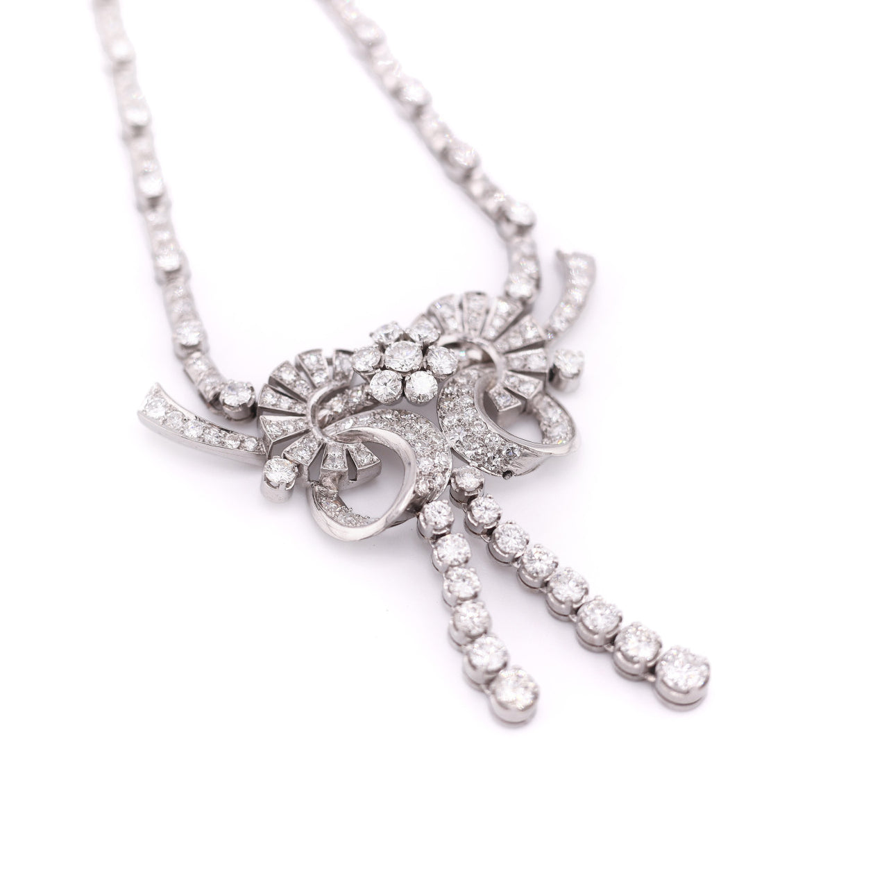 1950s Platinum Diamond Necklace close up