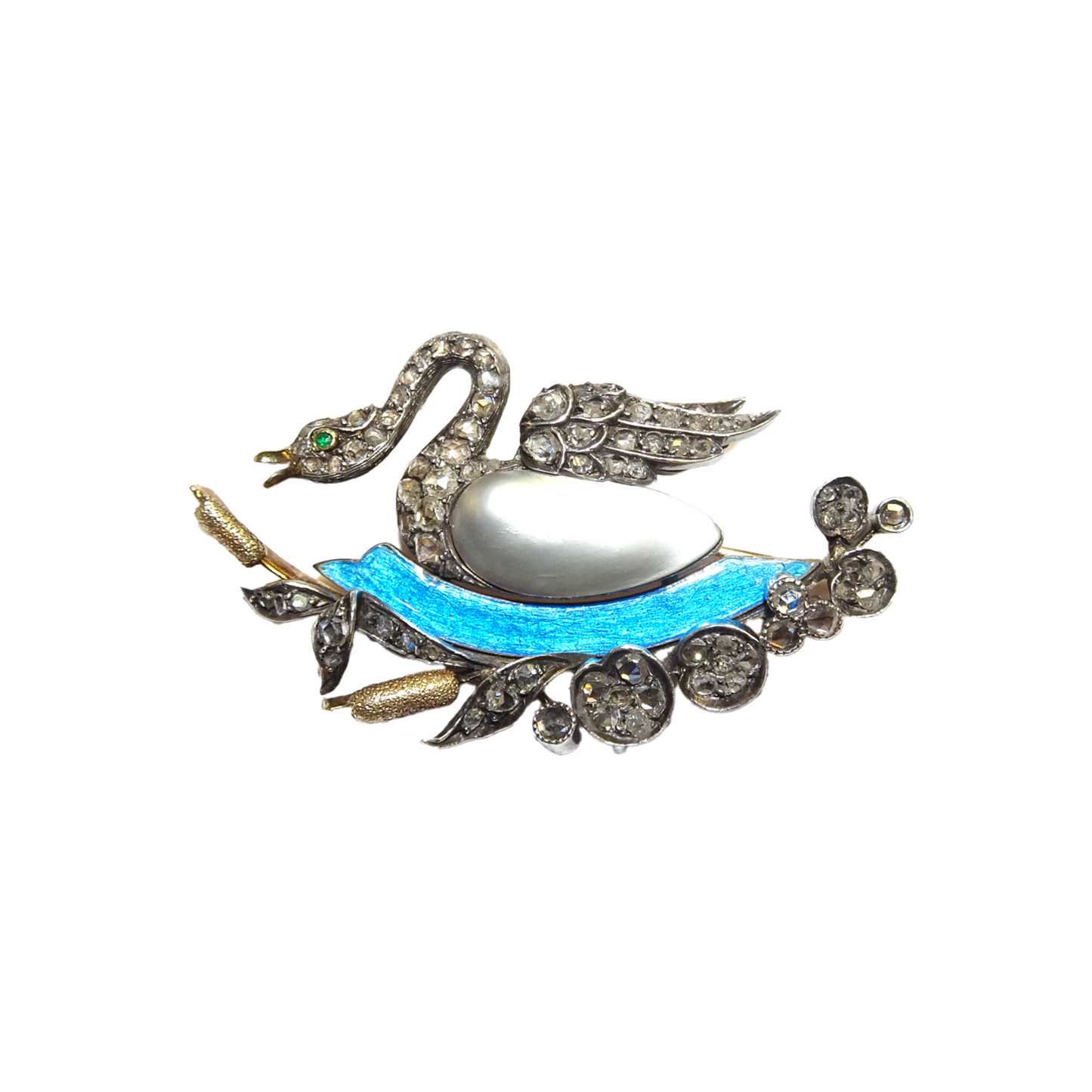 Antique Silver & 18KT Yellow Gold Diamond, Emerald, Enamel & Natural Pearl Swan Brooch front