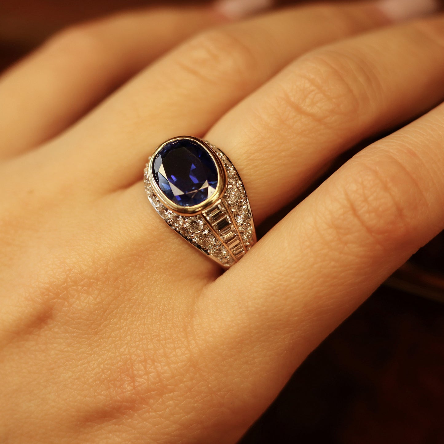 1970s 18KT Yellow & White Gold Sapphire Diamond Ring on finger