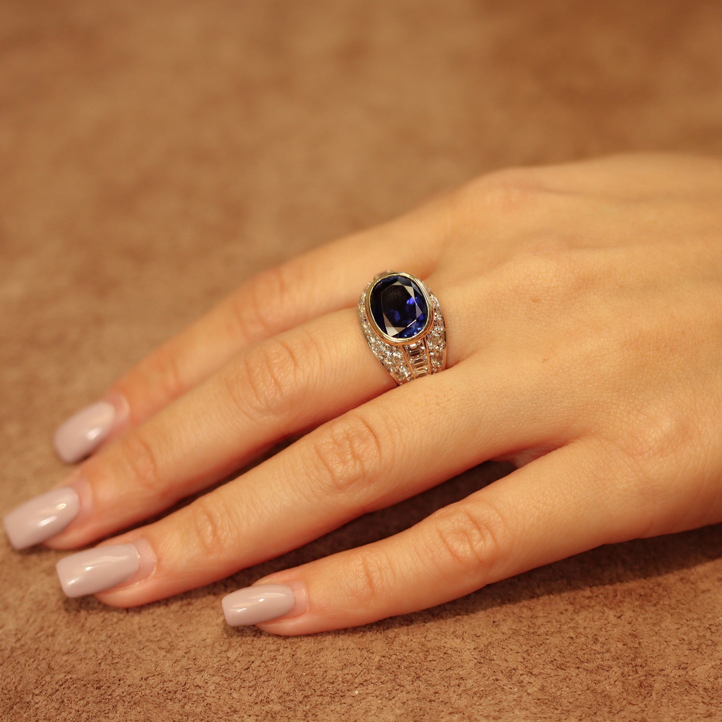 1970s 18KT Yellow & White Gold Sapphire Diamond Ring on finger