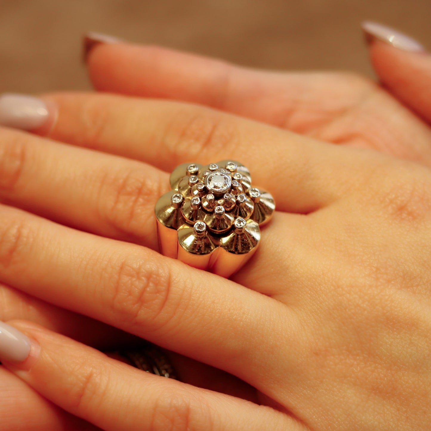French 1940s 18KT Yellow Gold Diamond Ring on finger on finger