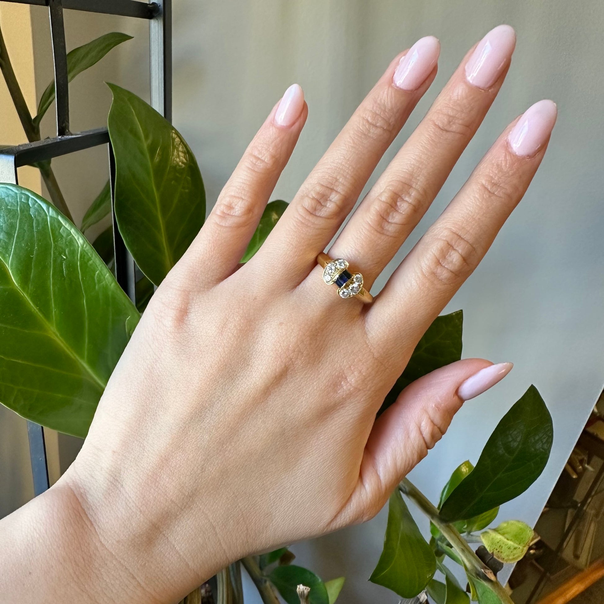 Van Cleef & Arpels 1970s 18KT Yellow Gold Sapphire & Diamond Ring on finger