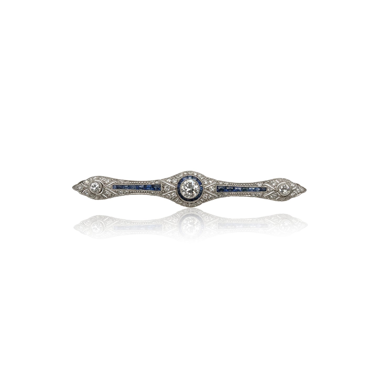 Edwardian Platinum on Gold Sapphire & Diamond Bar Brooch front view