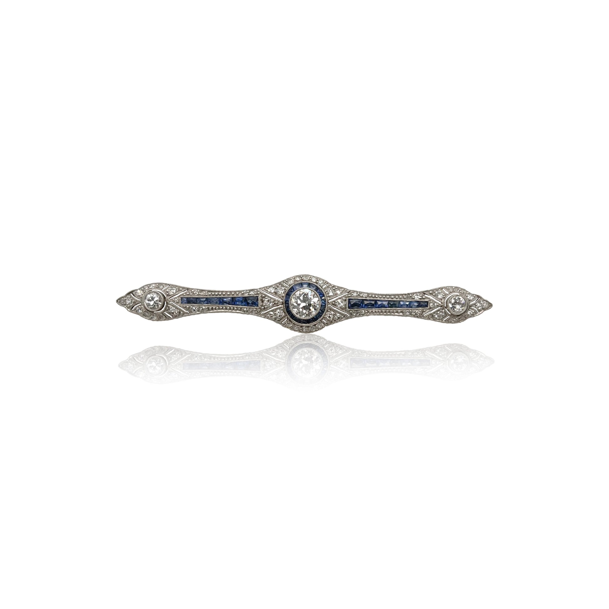 Edwardian Platinum on Gold Sapphire & Diamond Bar Brooch front view
