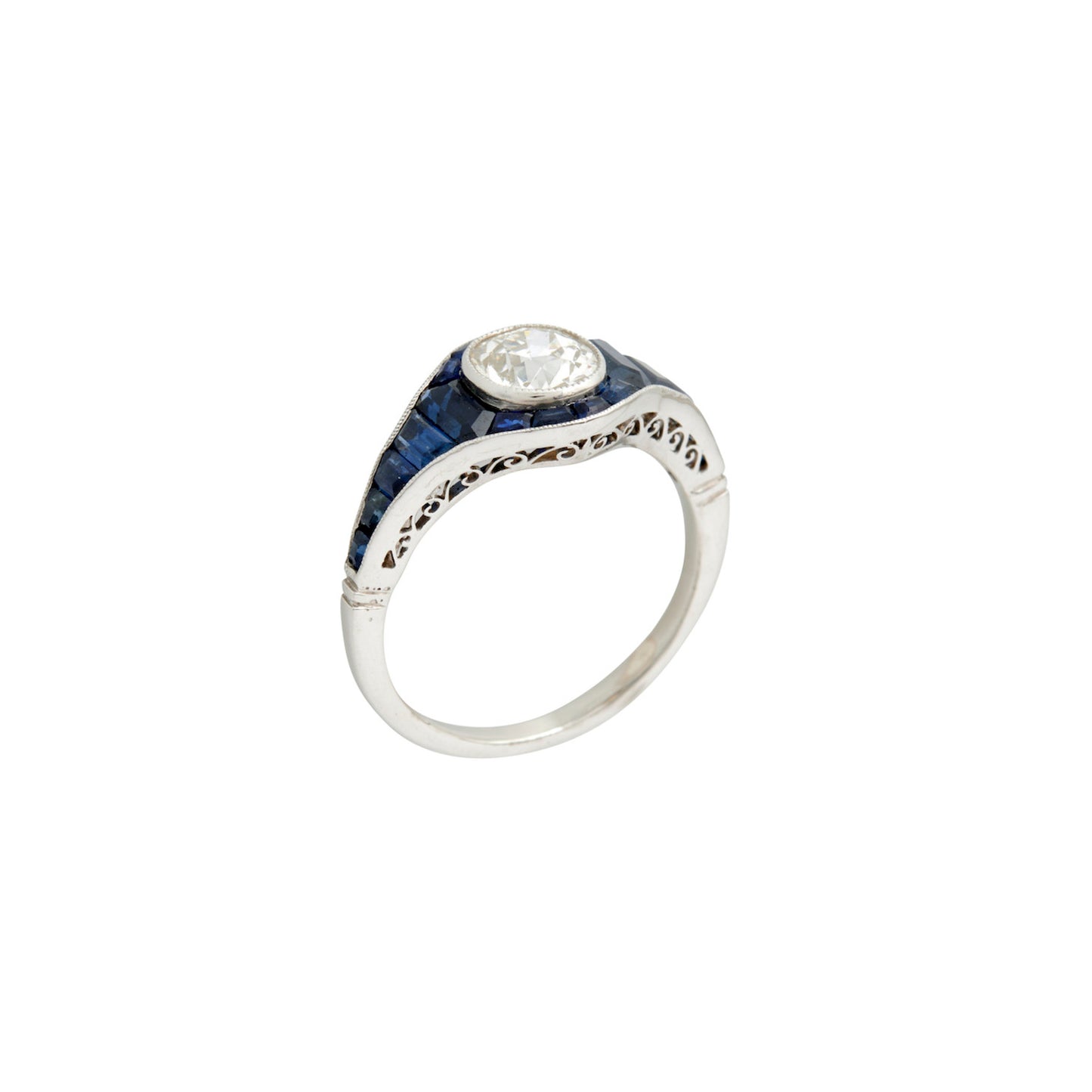 Post-1980s Platinum Diamond & Sapphire Ring side view