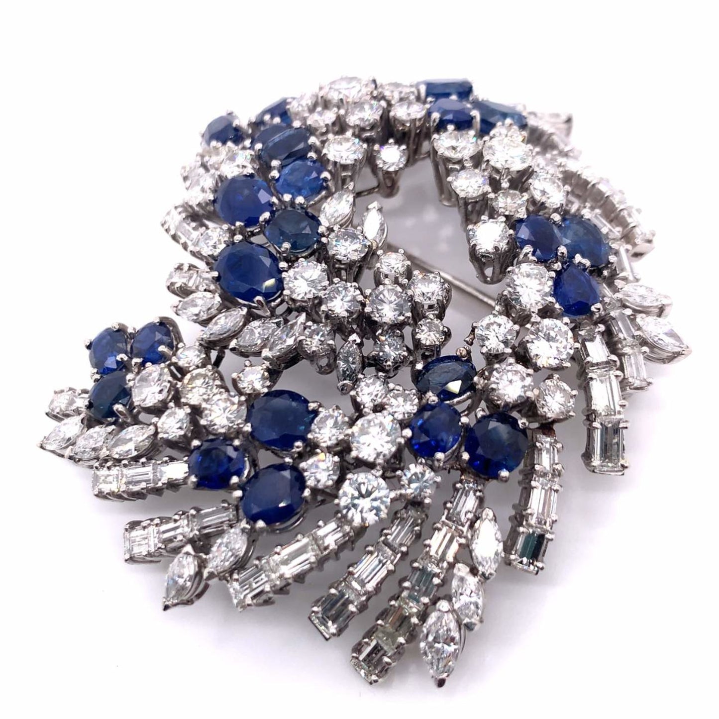 Art Deco Platinum Diamond & Sapphire Brooch front