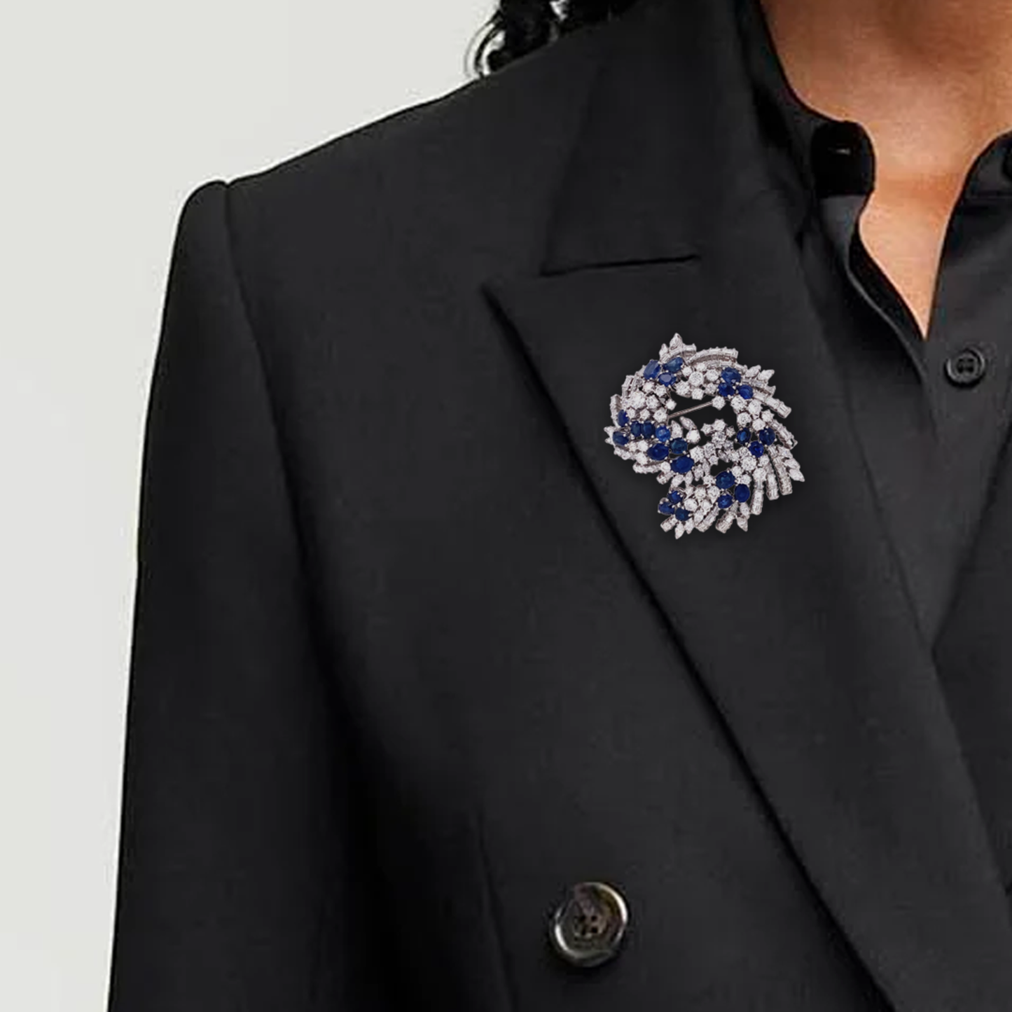 Art Deco Platinum Diamond & Sapphire Brooch on blazer