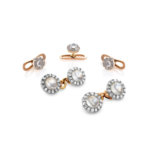 Edwardian Platinum & 18KT Yellow Gold Moonstone & Diamond Dress Set front
