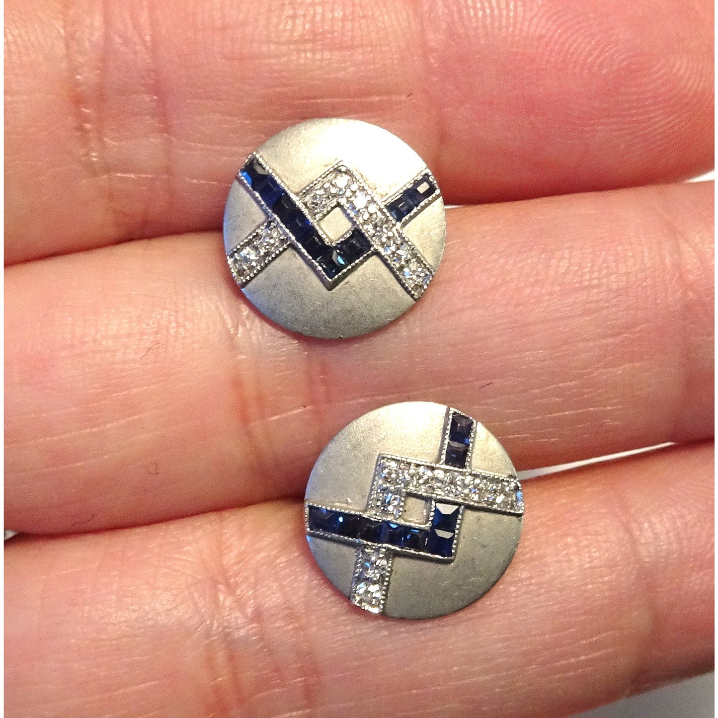 French Art Deco Platinum Sapphire & Diamond Cufflinks in hand