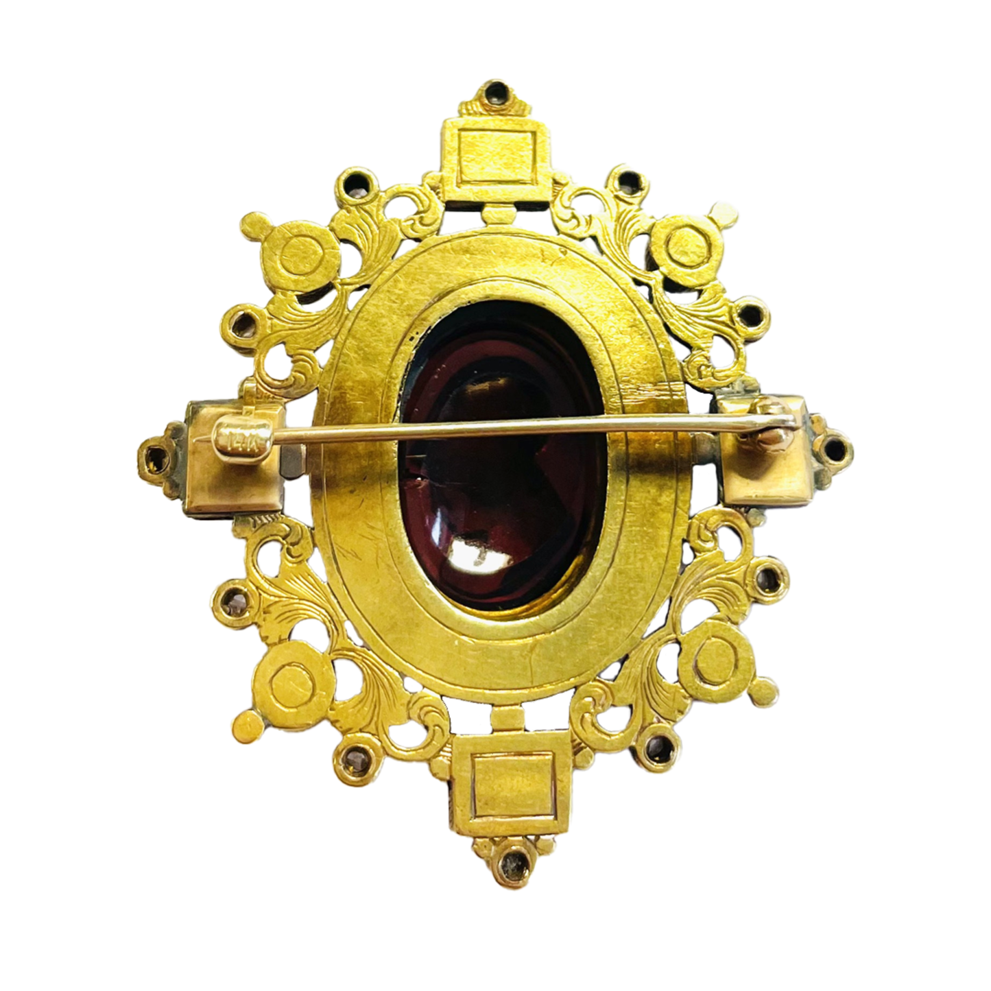 Antique Renaissance Revival 14KT Yellow Gold Garnet, Diamond, Emerald, Enamel & Ruby Brooch back