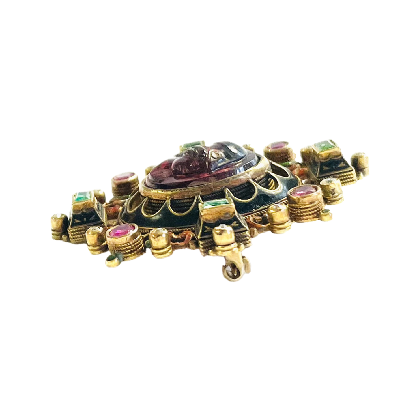 Antique Renaissance Revival 14KT Yellow Gold Garnet, Diamond, Emerald, Enamel & Ruby Brooch profile
