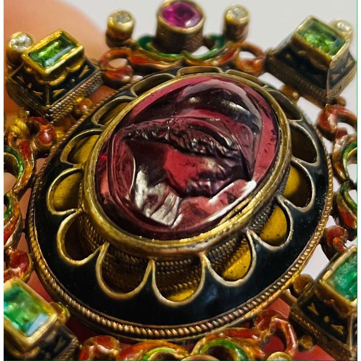 Antique Renaissance Revival 14KT Yellow Gold Garnet, Diamond, Emerald, Enamel & Ruby Brooch close-up