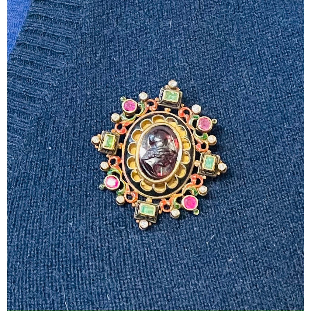 Antique Renaissance Revival 14KT Yellow Gold Garnet, Diamond, Emerald, Enamel & Ruby Brooch on sweater