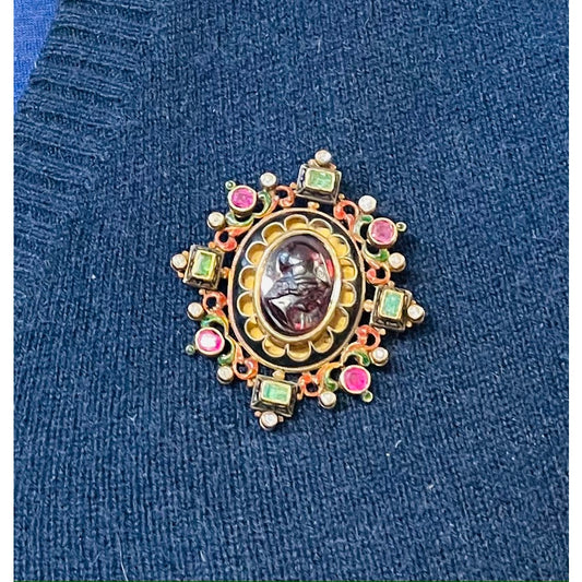 Antique Renaissance Revival 14KT Yellow Gold Garnet, Diamond, Emerald, Enamel & Ruby Brooch on sweater
