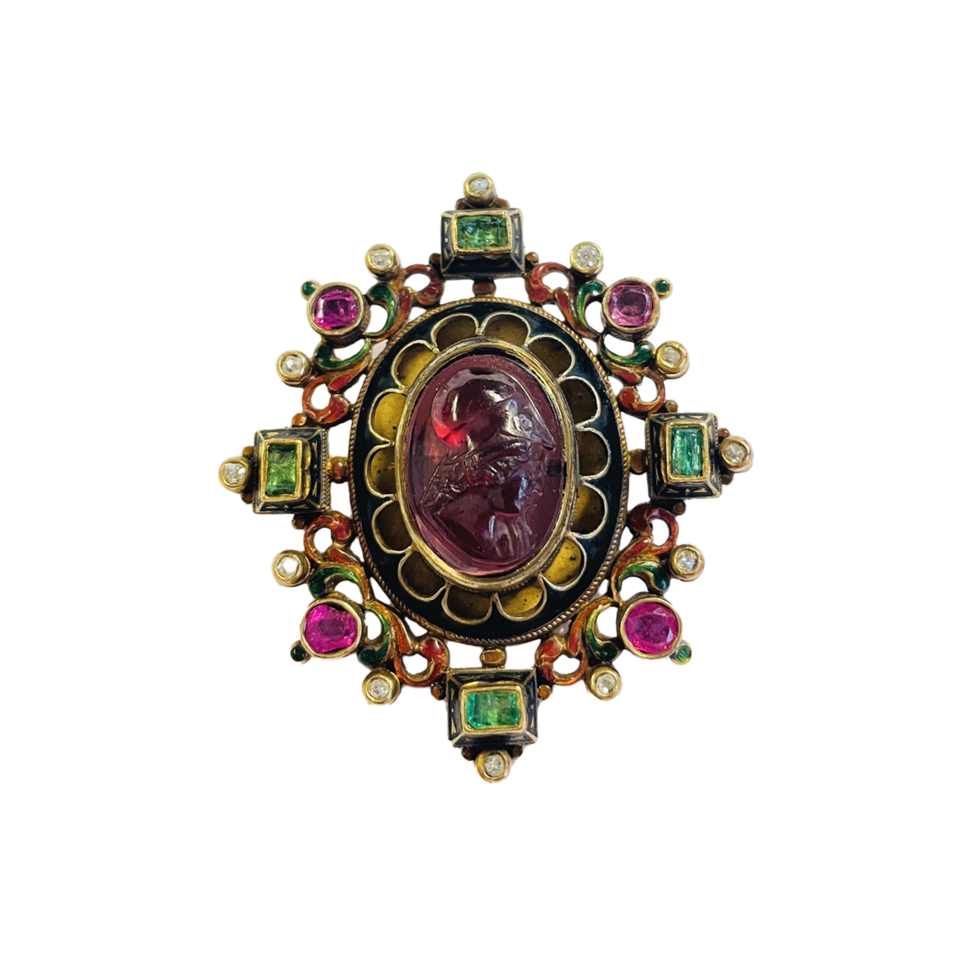 Antique Renaissance Revival 14KT Yellow Gold Garnet, Diamond, Emerald, Enamel & Ruby Brooch front