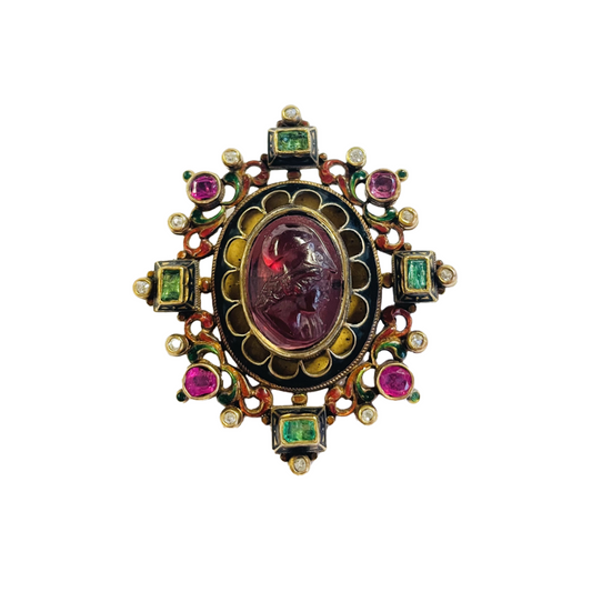 Antique Renaissance Revival 14KT Yellow Gold Garnet, Diamond, Emerald, Enamel & Ruby Brooch front