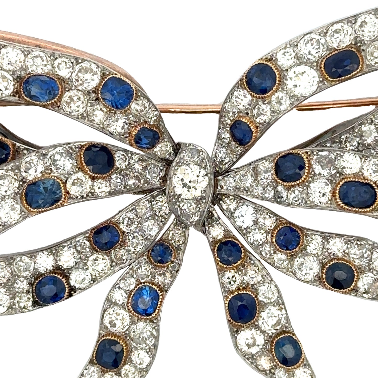 Chaumet Edwardian Platinum & 18KT Yellow Gold Sapphire & Diamond Bow Brooch close-up details