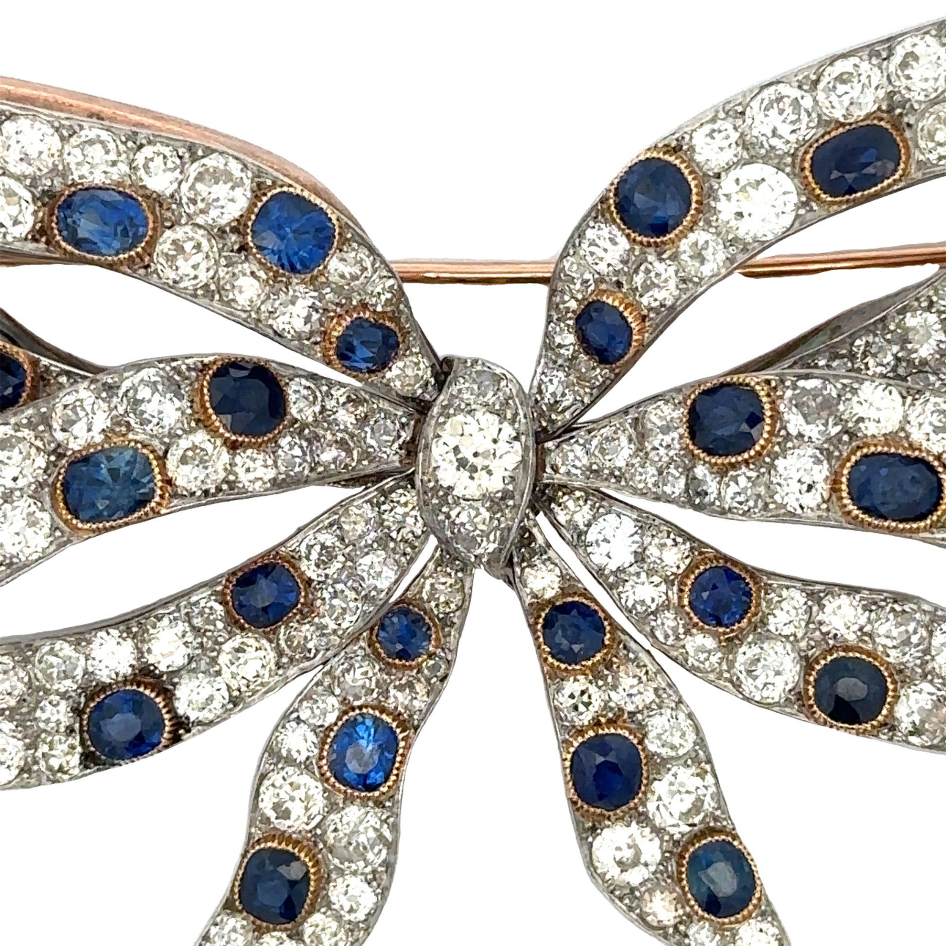 Chaumet Edwardian Platinum & 18KT Yellow Gold Sapphire & Diamond Bow Brooch close-up details
