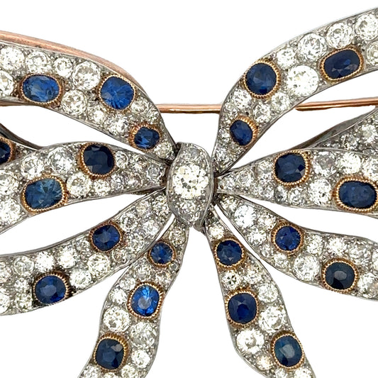 Chaumet Edwardian Platinum & 18KT Yellow Gold Sapphire & Diamond Bow Brooch close-up details