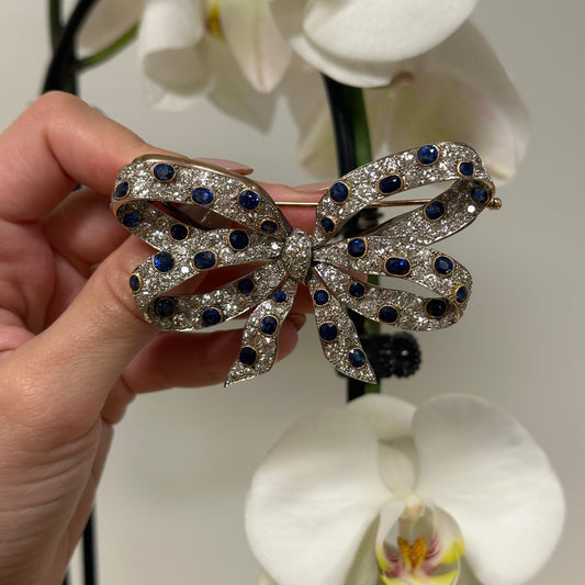 Chaumet Edwardian Platinum & 18KT Yellow Gold Sapphire & Diamond Bow Brooch front
