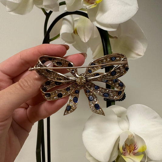 Chaumet Edwardian Platinum & 18KT Yellow Gold Sapphire & Diamond Bow Brooch back