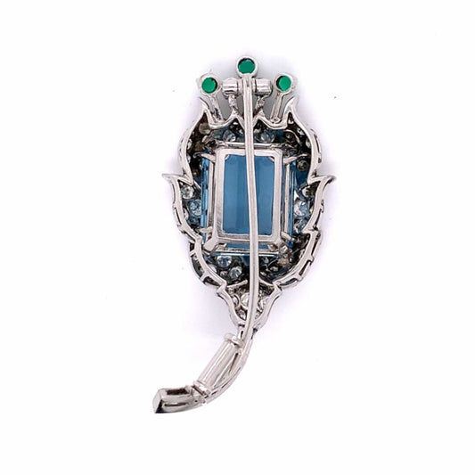 Post-1980s Platinum Aquamarine, Diamond & Emerald Brooch back