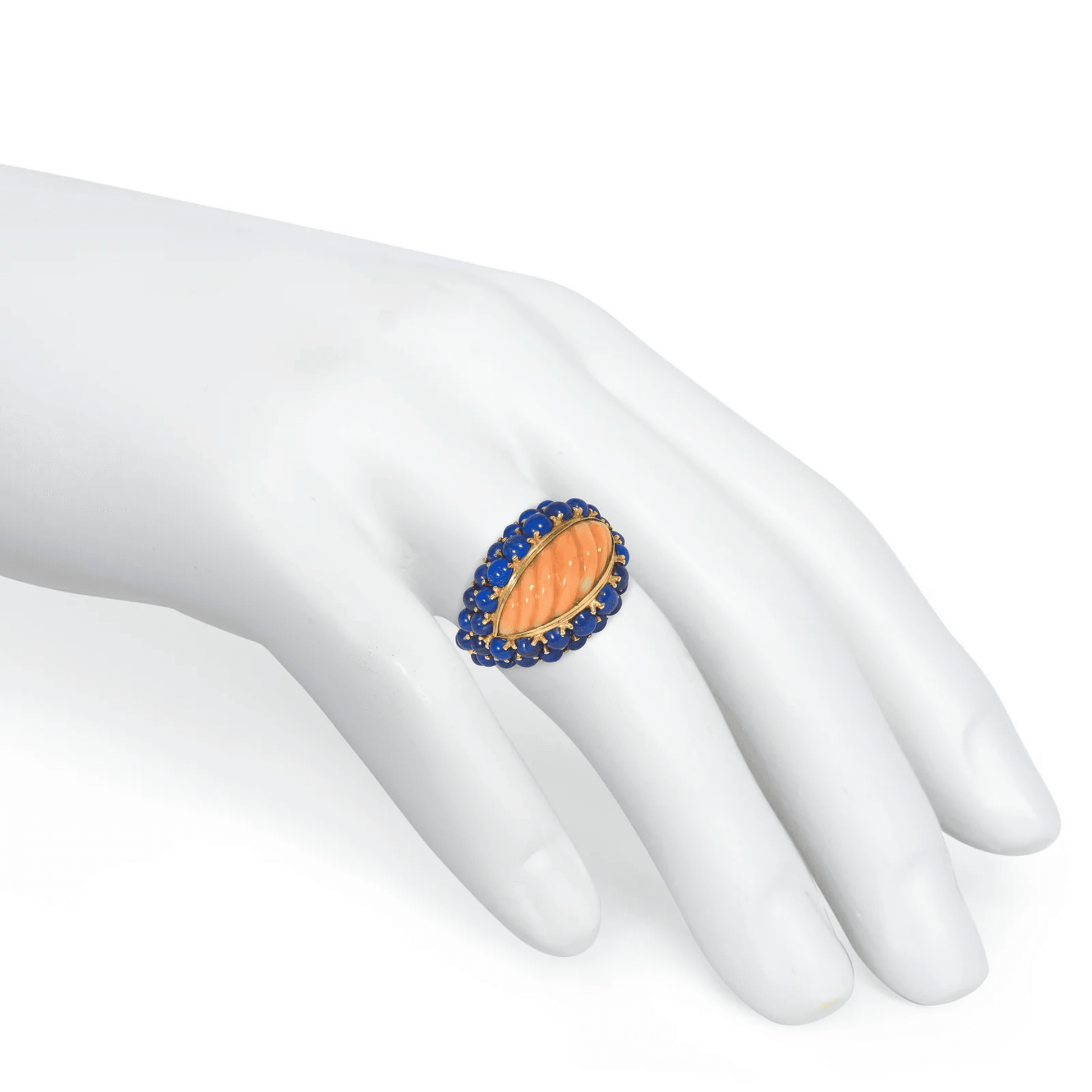 Boucheron French 1960s 18KT Yellow Gold Coral & Lapis Lazuli Ring on hand
