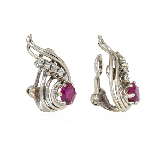 Hélène Vidal French Retro Platinum & 18KT Yellow Gold Ruby & Diamond Earrings side