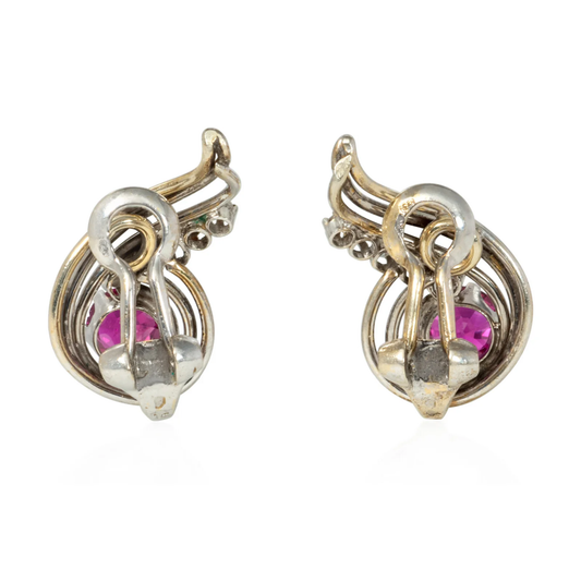 Hélène Vidal French Retro Platinum & 18KT Yellow Gold Ruby & Diamond Earrings back