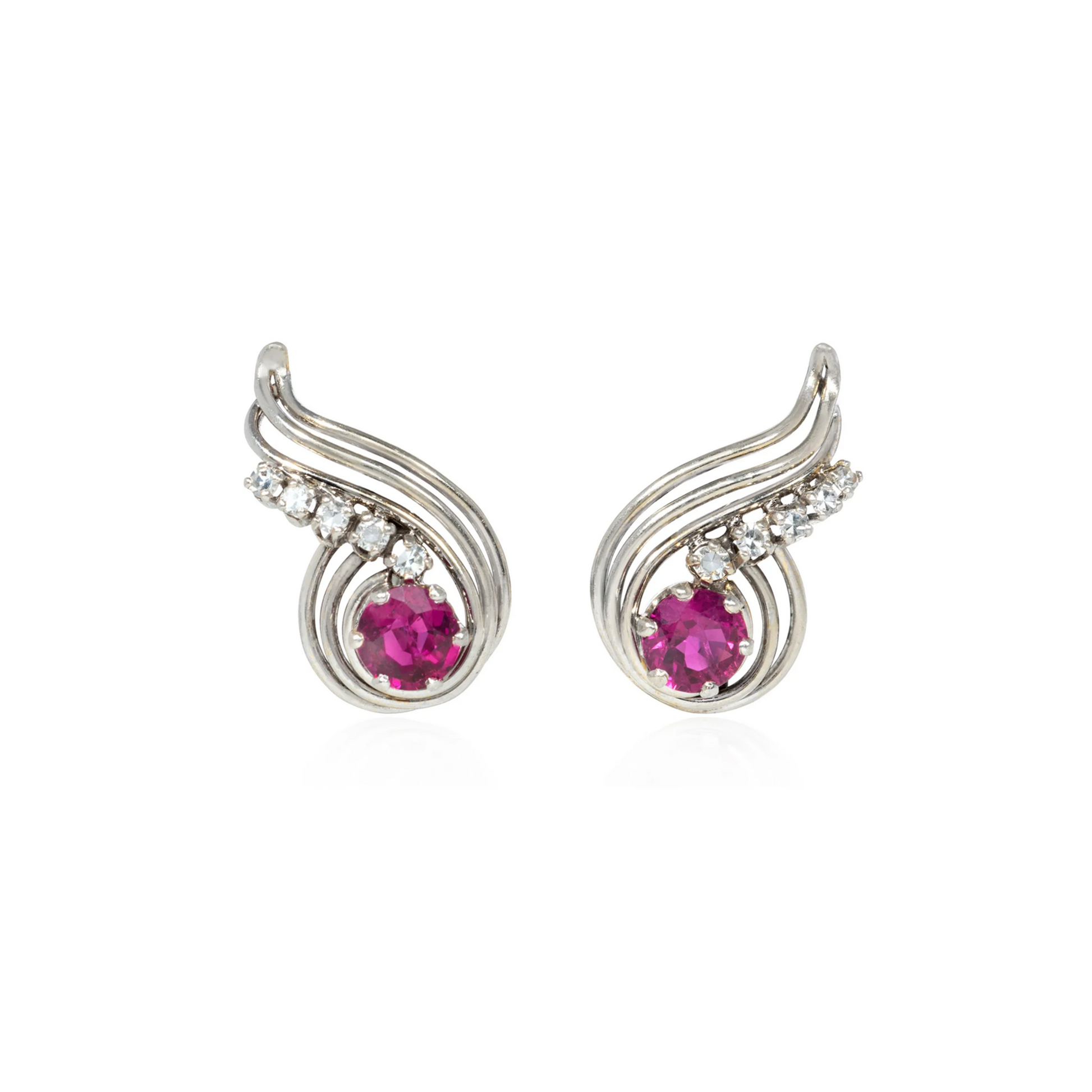 Hélène Vidal French Retro Platinum & 18KT Yellow Gold Ruby & Diamond Earrings front