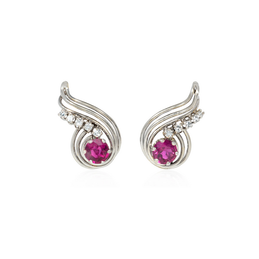 Hélène Vidal French Retro Platinum & 18KT Yellow Gold Ruby & Diamond Earrings front
