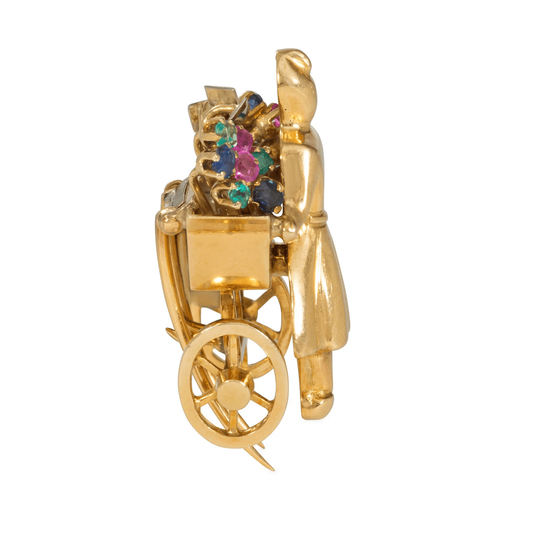 Mellerio French Retro 18KT Yellow Gold Ruby, Emerald & Sapphire Flower Cart Brooch side
