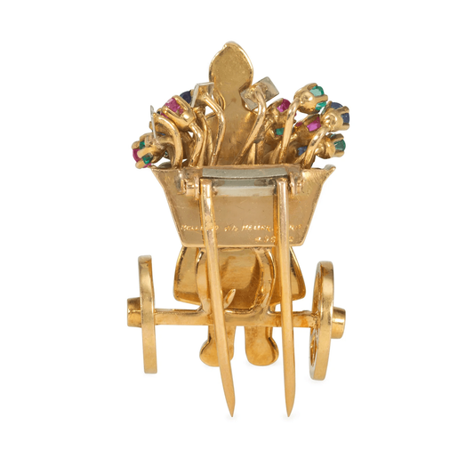 Mellerio French Retro 18KT Yellow Gold Ruby, Emerald & Sapphire Flower Cart Brooch back